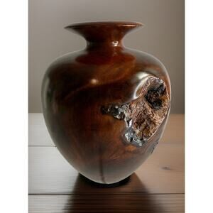 Vintage Redwood Burl Turned Vase With Glass Tube Insert Signed 5.5" Live Edge
